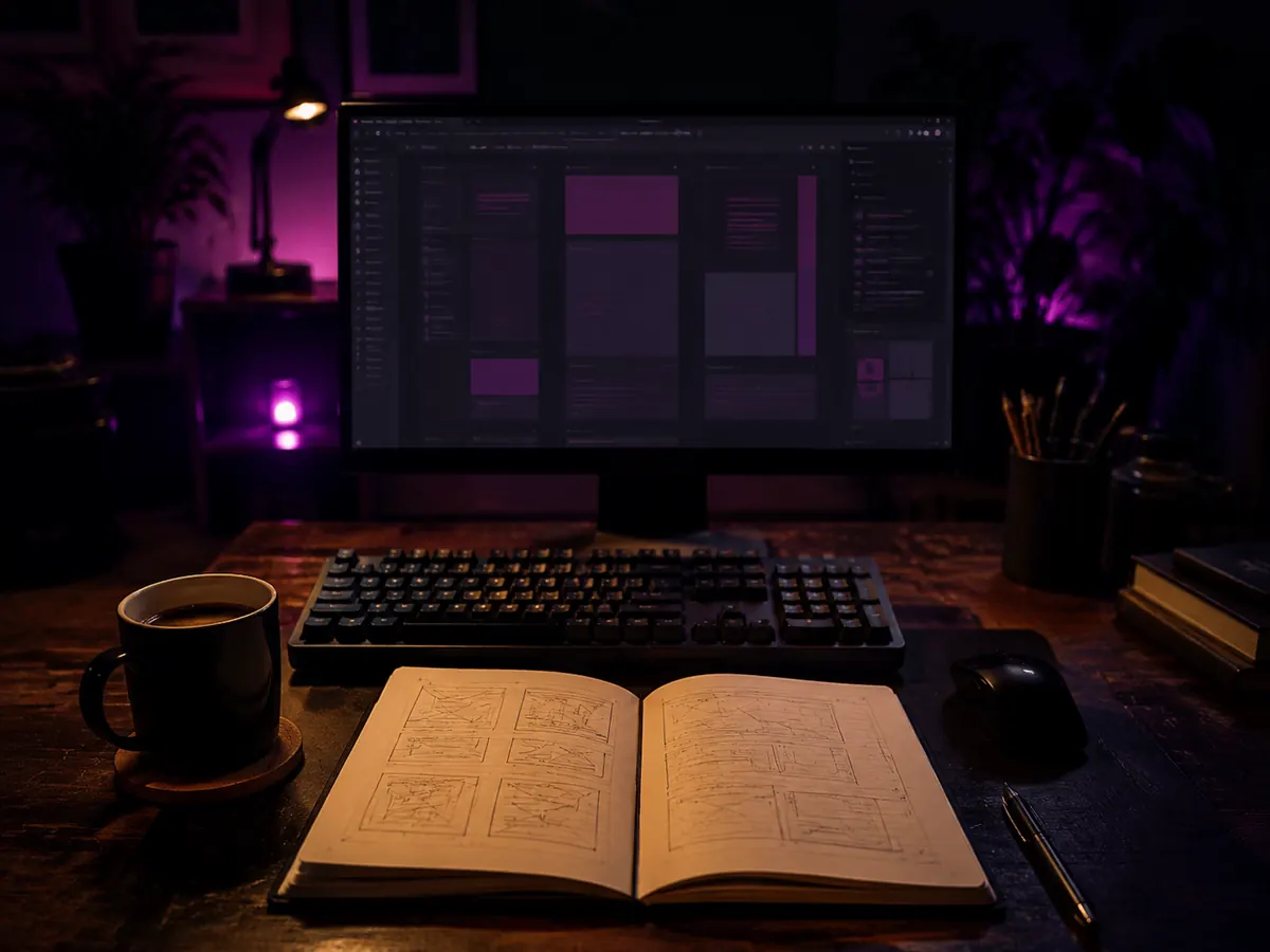 Bureau met een half afgebouwde interface op het scherm en handgeschetste wireframes in een notitieboek