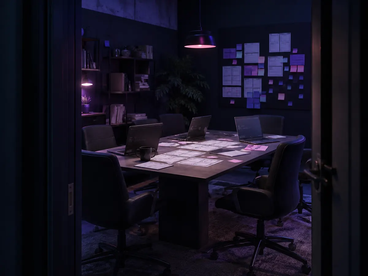 Lege vergaderzaal met vijf stoelen, laptops en uitgeprinte wireframes op tafel