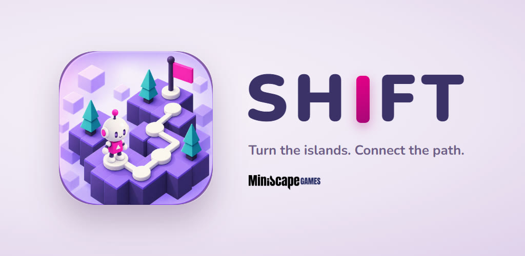 De banner van Shift uit Google Play: het app-icoon met een klein robotje op violette eilanden naast een roze vlag, naast het woordmerk van Shift