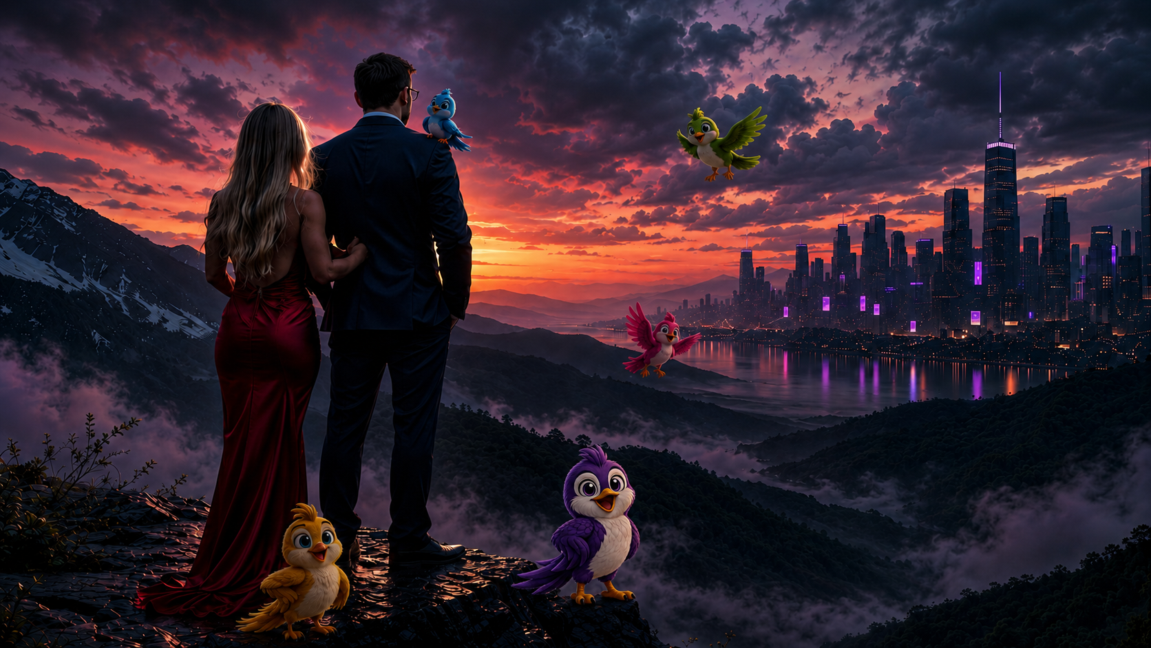 De vijf Bird-producten van Aivion Studios boven een stad bij zonsondergang