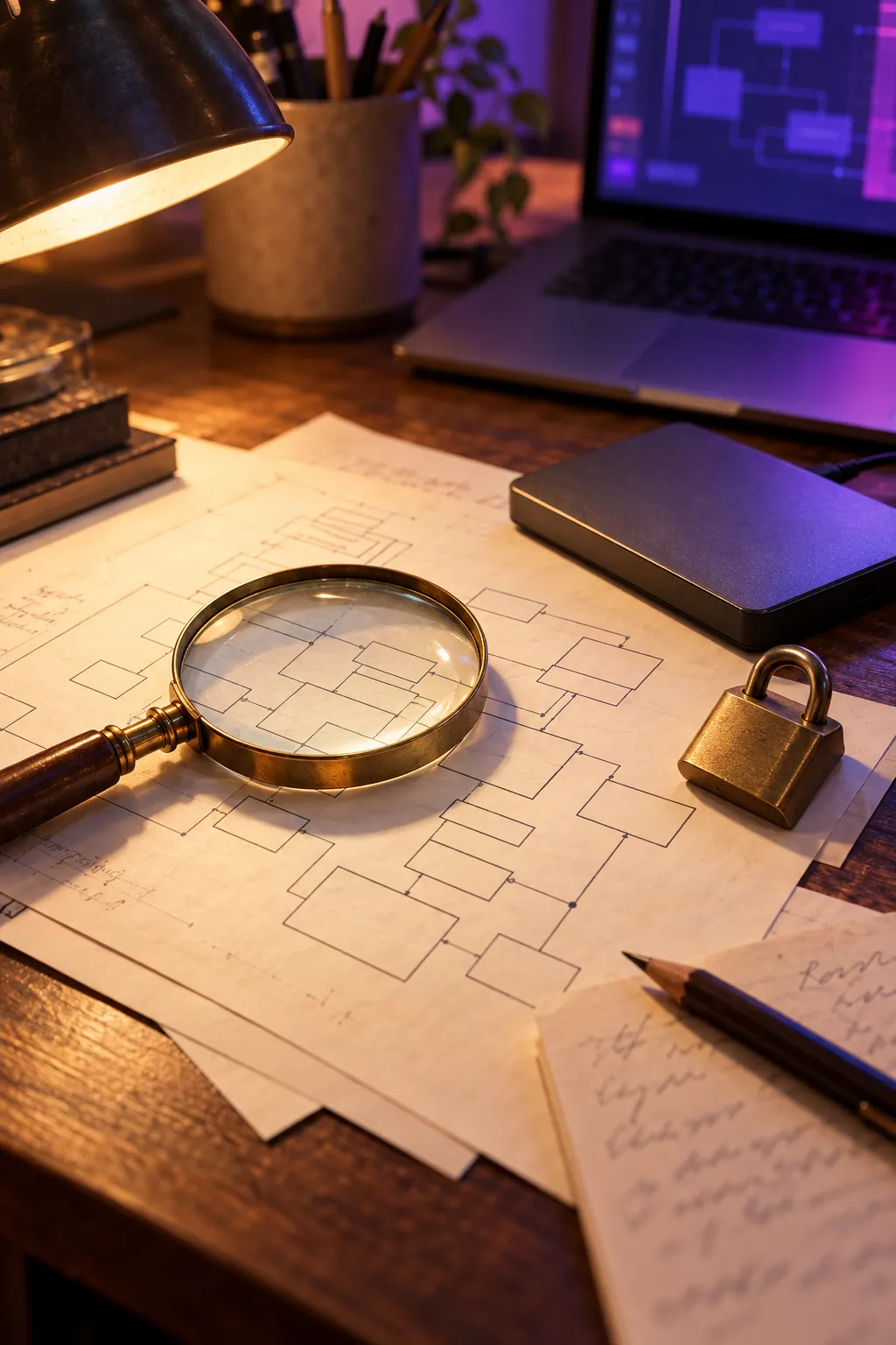 A magnifier on a database diagram, with a padlock, a backup drive and notes