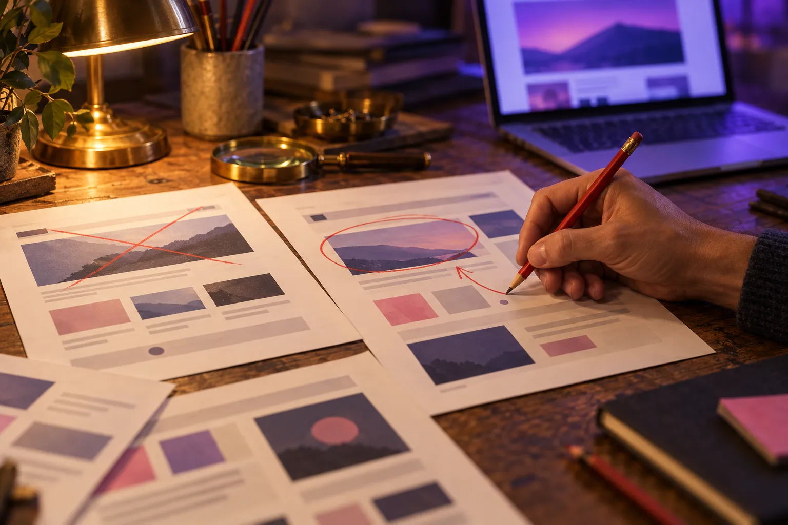 A hand marks up printed designs with a red pencil
