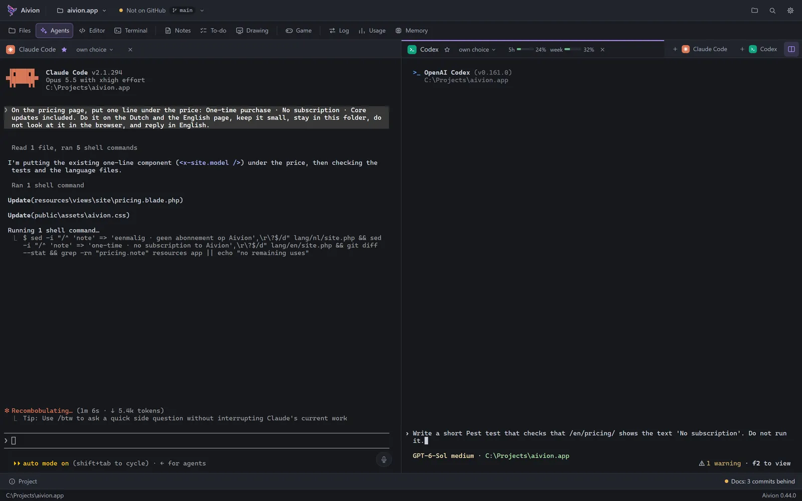 The main window of Aivion: Claude Code and Codex side by side in one project