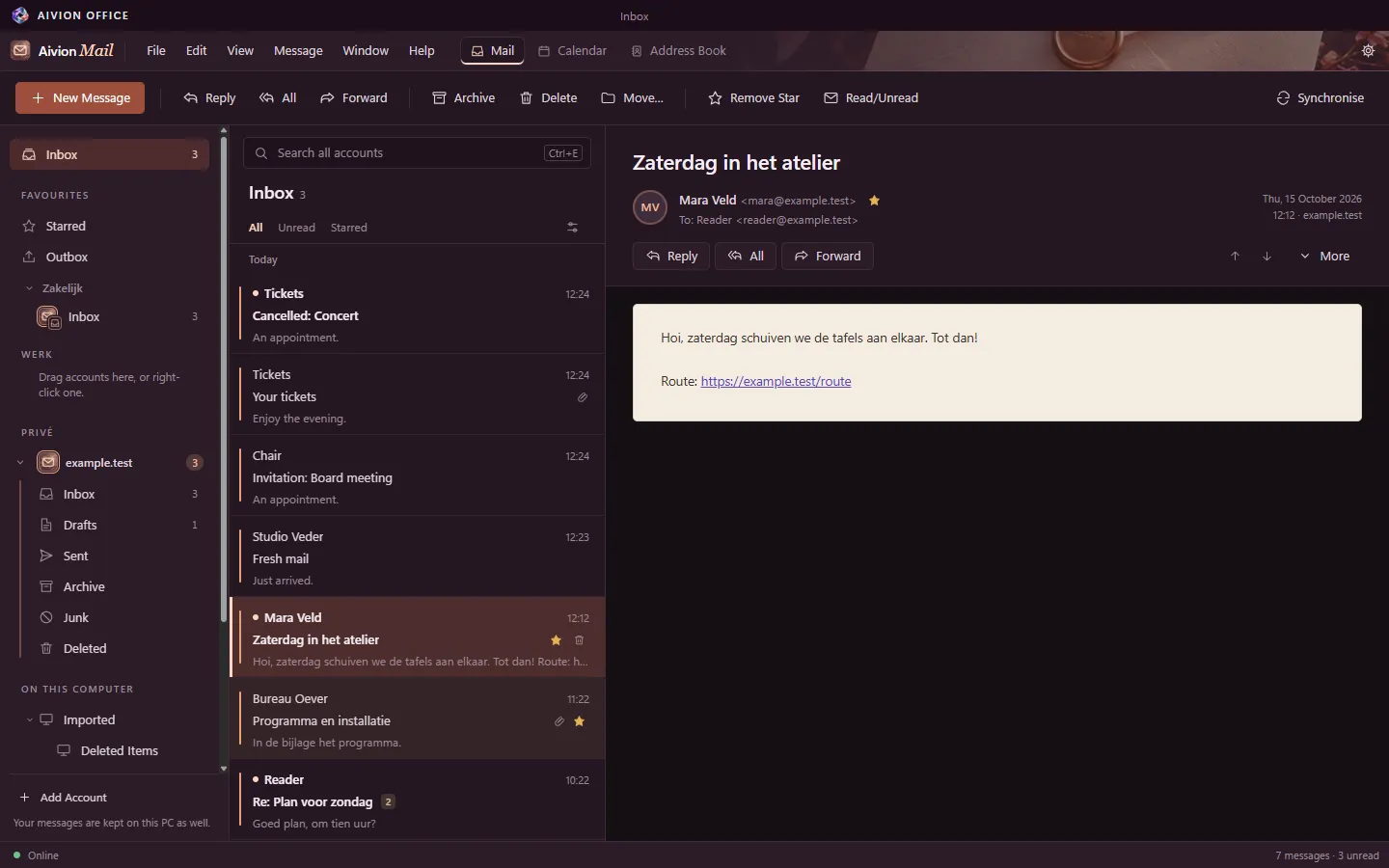 The Aivion Mail inbox, with sample messages